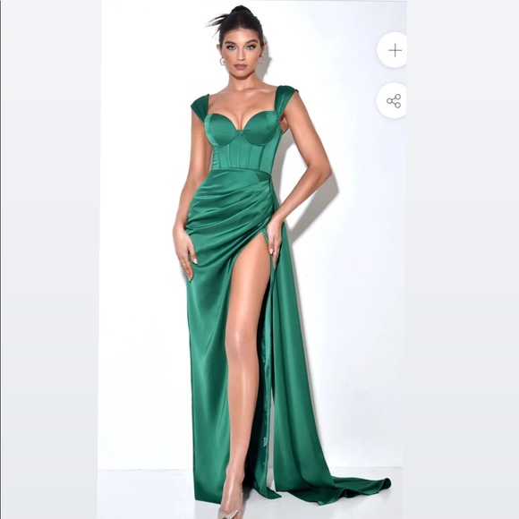 Green High Slit Corset Satin Gown - Picture 2 of 4